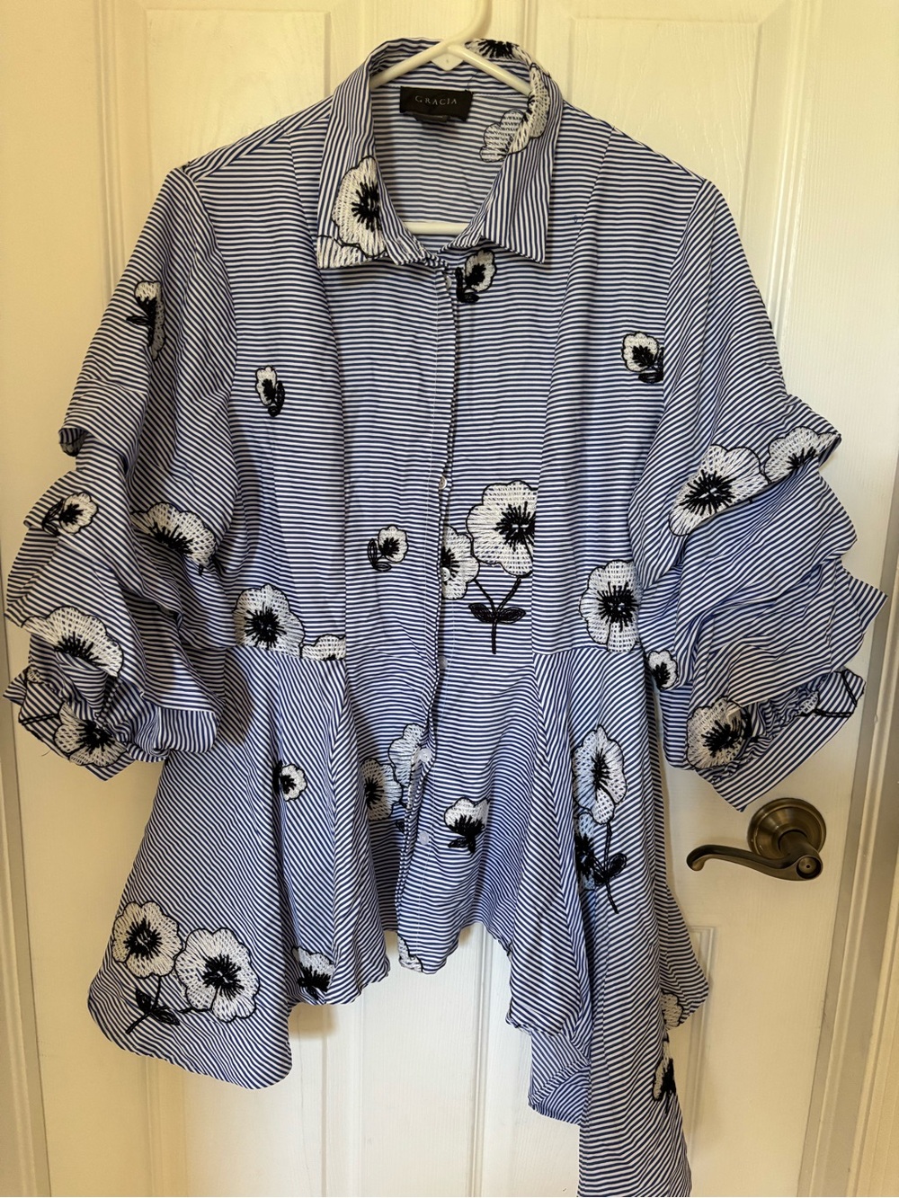 Gracia Blue and White Striped Floral Peplum Shirt
